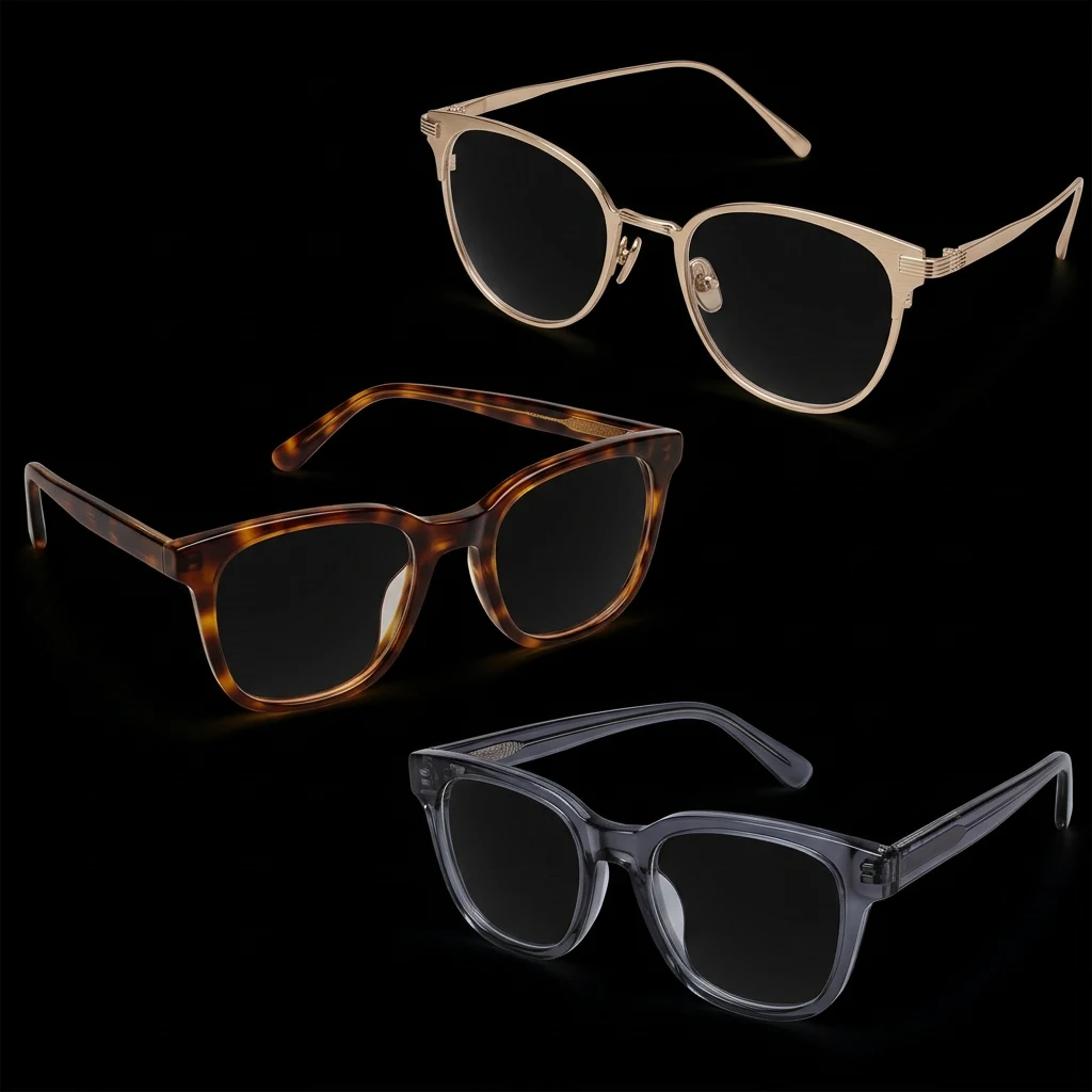 Unbranded champagne-gold, tortoiseshell and smoky-charcoal eyeglass frames on a black background